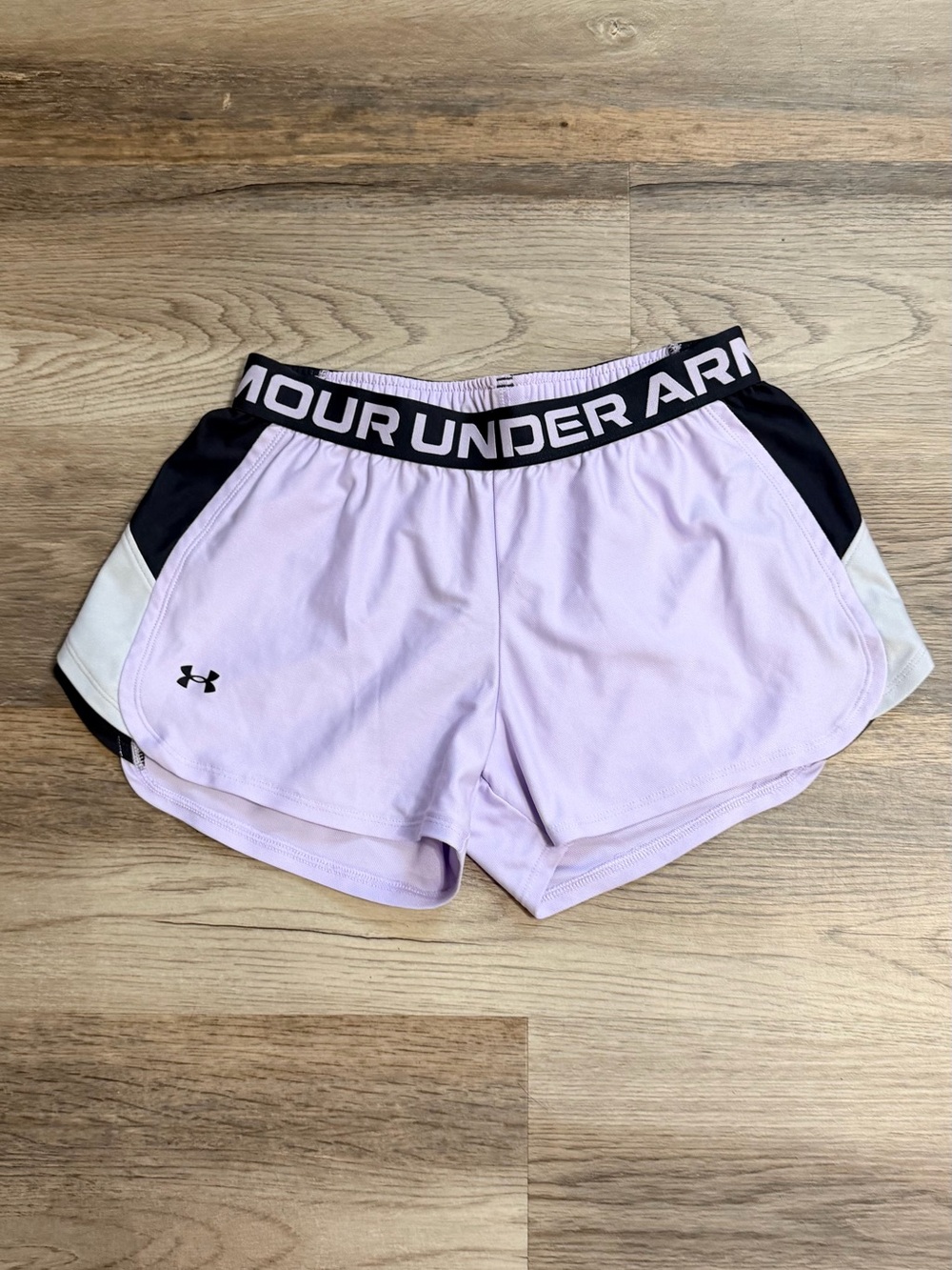 Under Armour Lavender Athletic Shorts with Black Waistband and White Side Panels